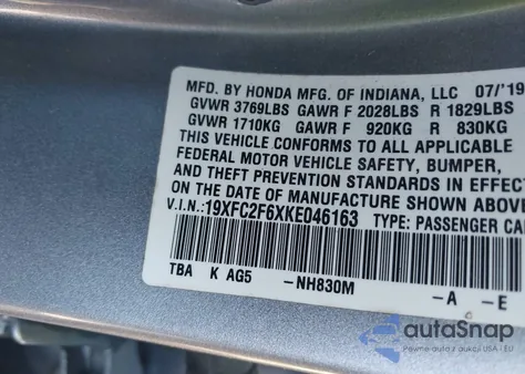 2019 Honda Civic Lx из США, поврежденный, VIN 19XFC2F6XKE046163